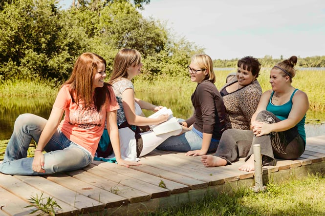 college girls on the dock